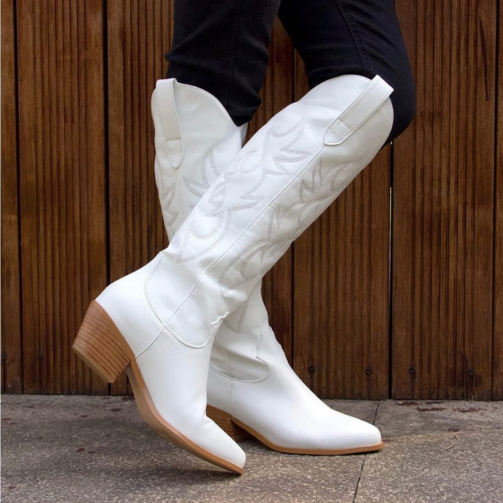White Embroidered Knee High Western Cowboy Boots for Women